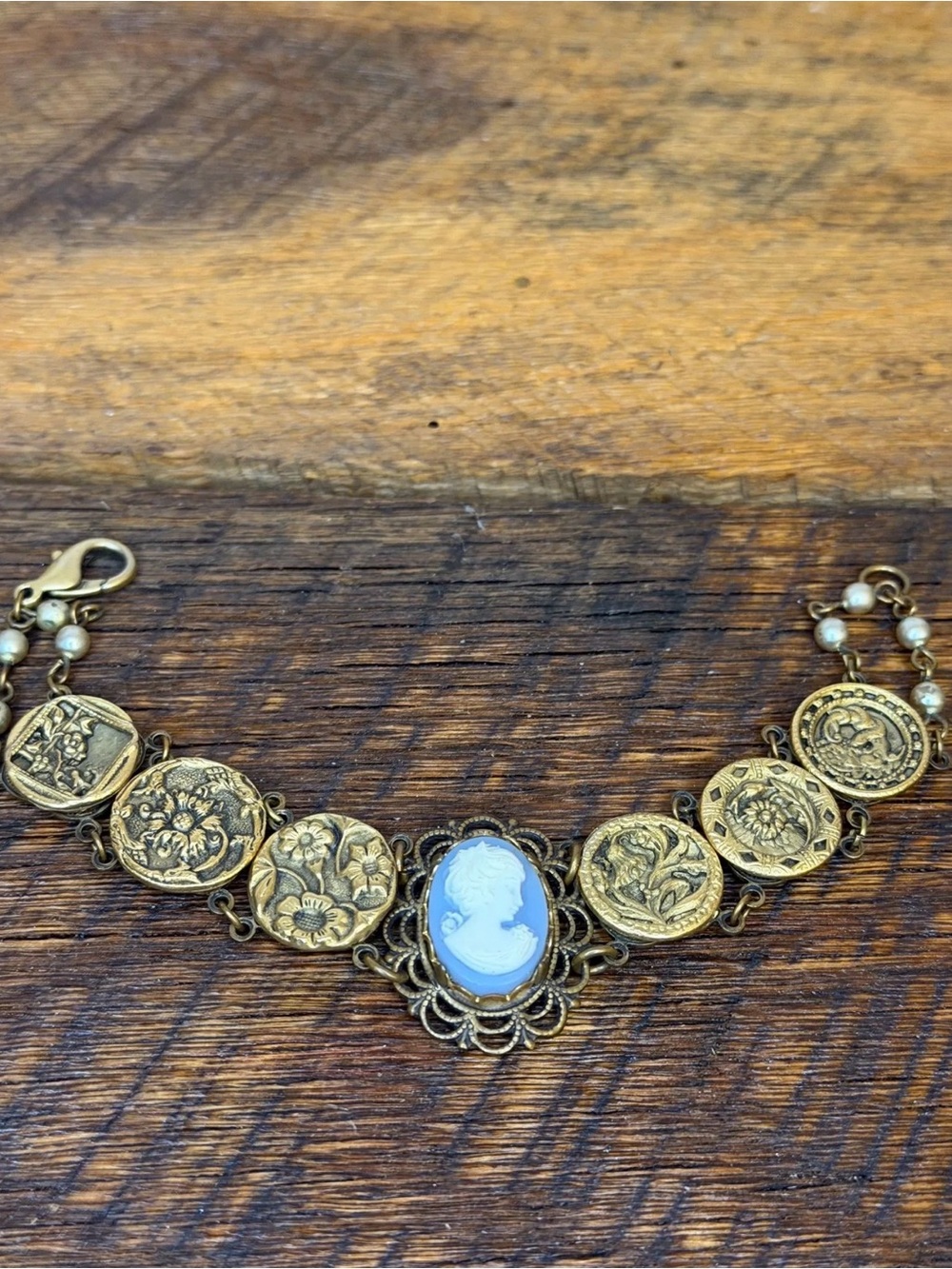 Vintage Victorian Revival Blue Cameo Medallion Bracelet